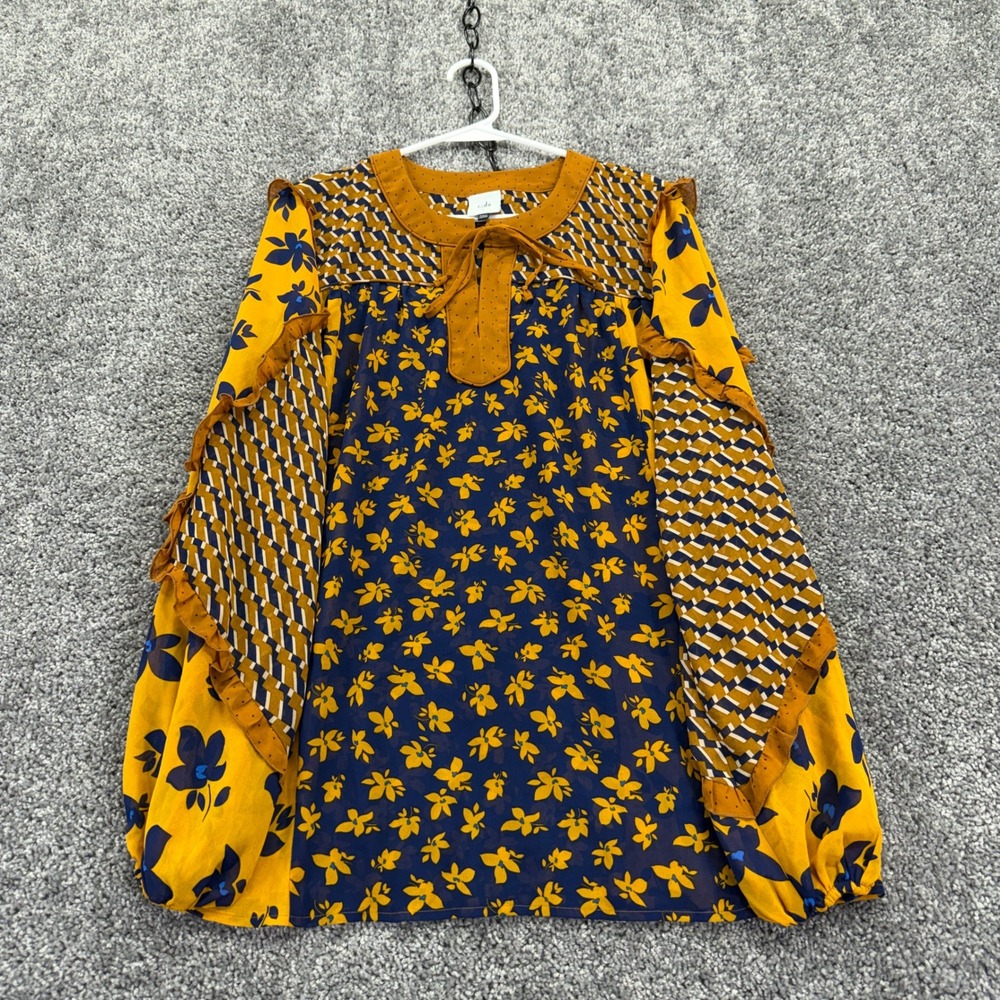 Cabi Blouse Womens L Orange Floral Ruffle Mixed Print